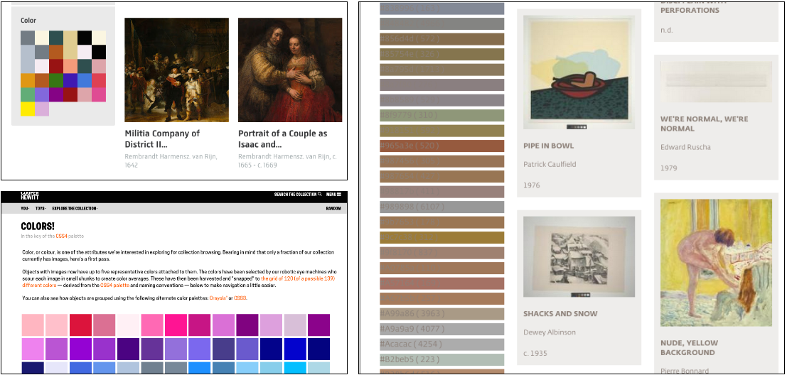 Details of colour interface elements on the Rijksmuseum, Dallas Museum of Art and Cooper Hewitt sites